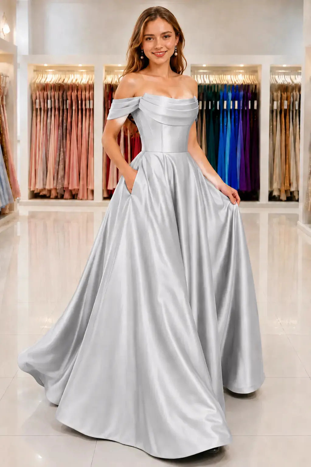 A-Line Satin Long Prom Dress. Simple Off the Shoulder Evening Party Dress With Pockets