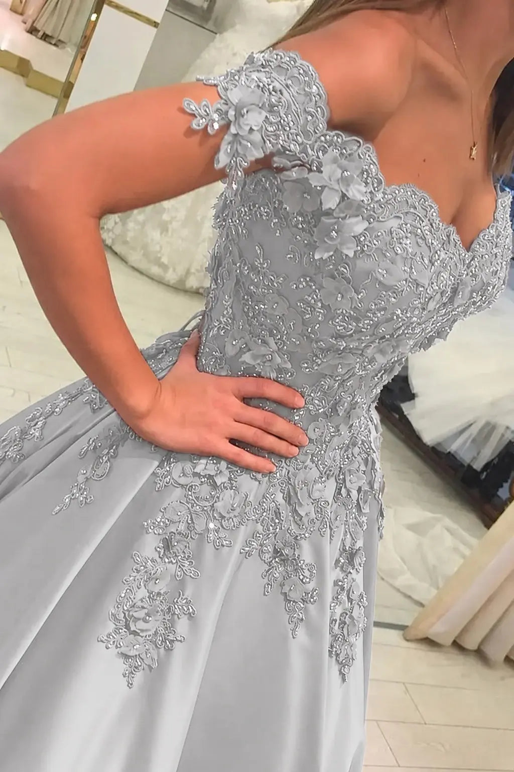Appliquéd Off-the-Shoulder Satin Princess Prom Dress with Beads