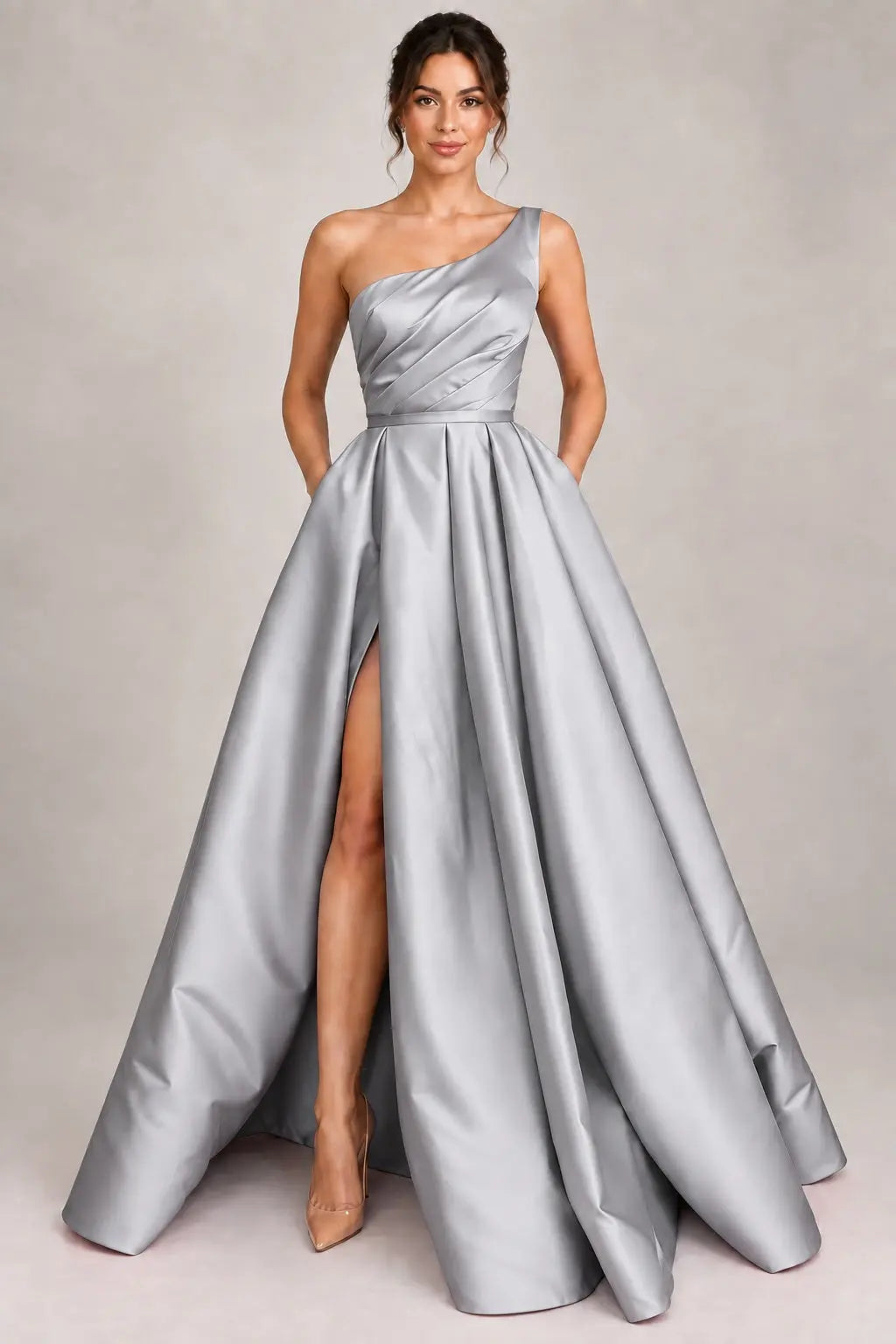 A-line Sleeveless One-Shoulder Long/Floor-Length Satin Prom Dress With Split Ruffles Pockets