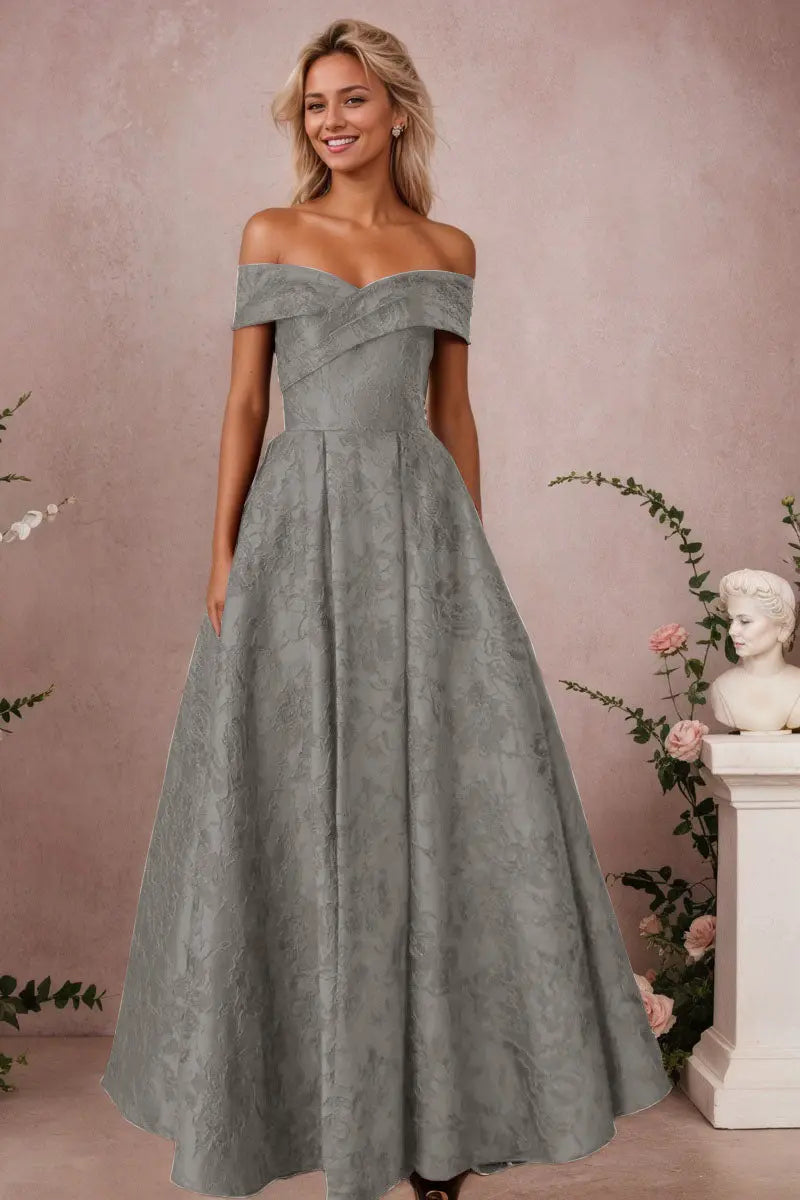 A-Line Off Shoulder Satin Burgundy Long Prom Dress Floral Jacquard Formal Ball Gowns