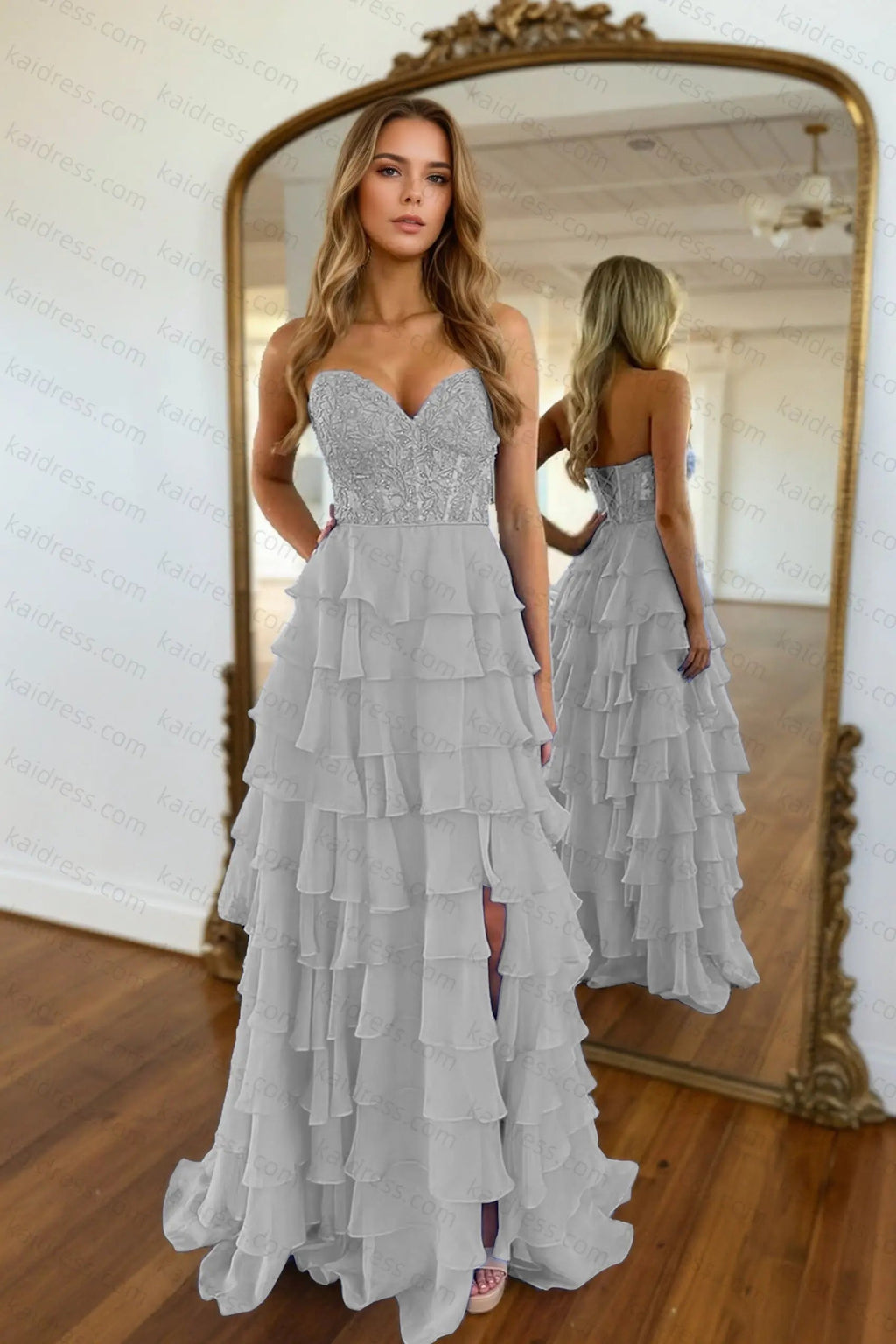A-line/Princess Chiffon Fuchsia Sweetheart Tiered Ruffles Prom Dress with Slit Applique