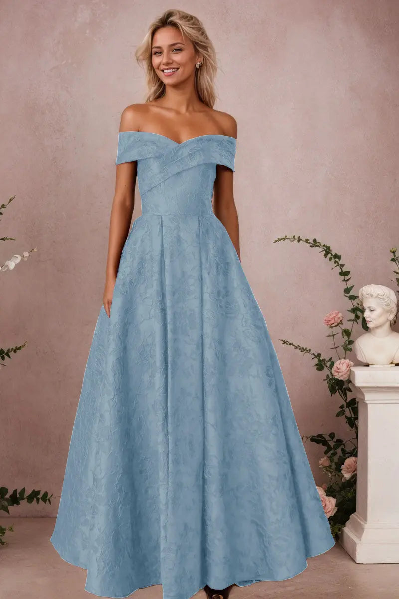 A-Line Off Shoulder Satin Burgundy Long Prom Dress Floral Jacquard Formal Ball Gowns