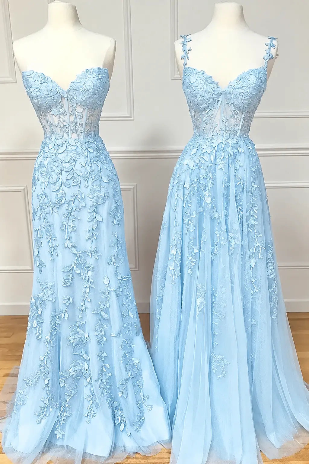 A-line Sweetheart Spaghetti Straps Sweep Train Lace Prom Dress With Beading