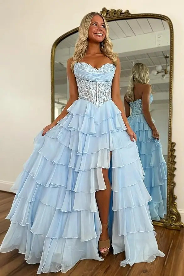 Spaghetti Straps Sweetheart Embellished Corset Chiffon Slit Ruffle Prom Dress with Detachable Straps