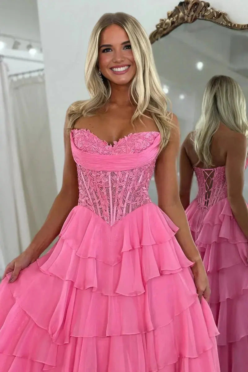 Spaghetti Straps Sweetheart Embellished Corset Chiffon Slit Ruffle Prom Dress with Detachable Straps