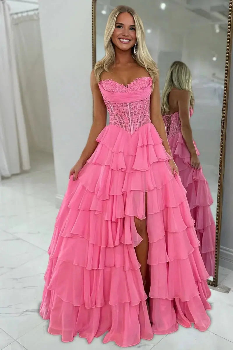 Spaghetti Straps Sweetheart Embellished Corset Chiffon Slit Ruffle Prom Dress with Detachable Straps