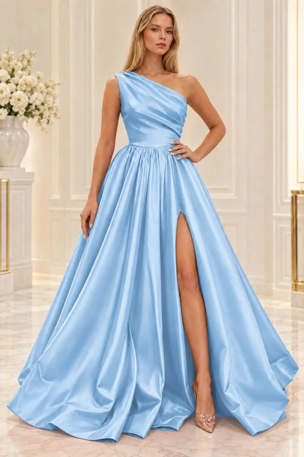 Princess One Shoulder Satin Long Black Prom Dress Formal Evening Gowns