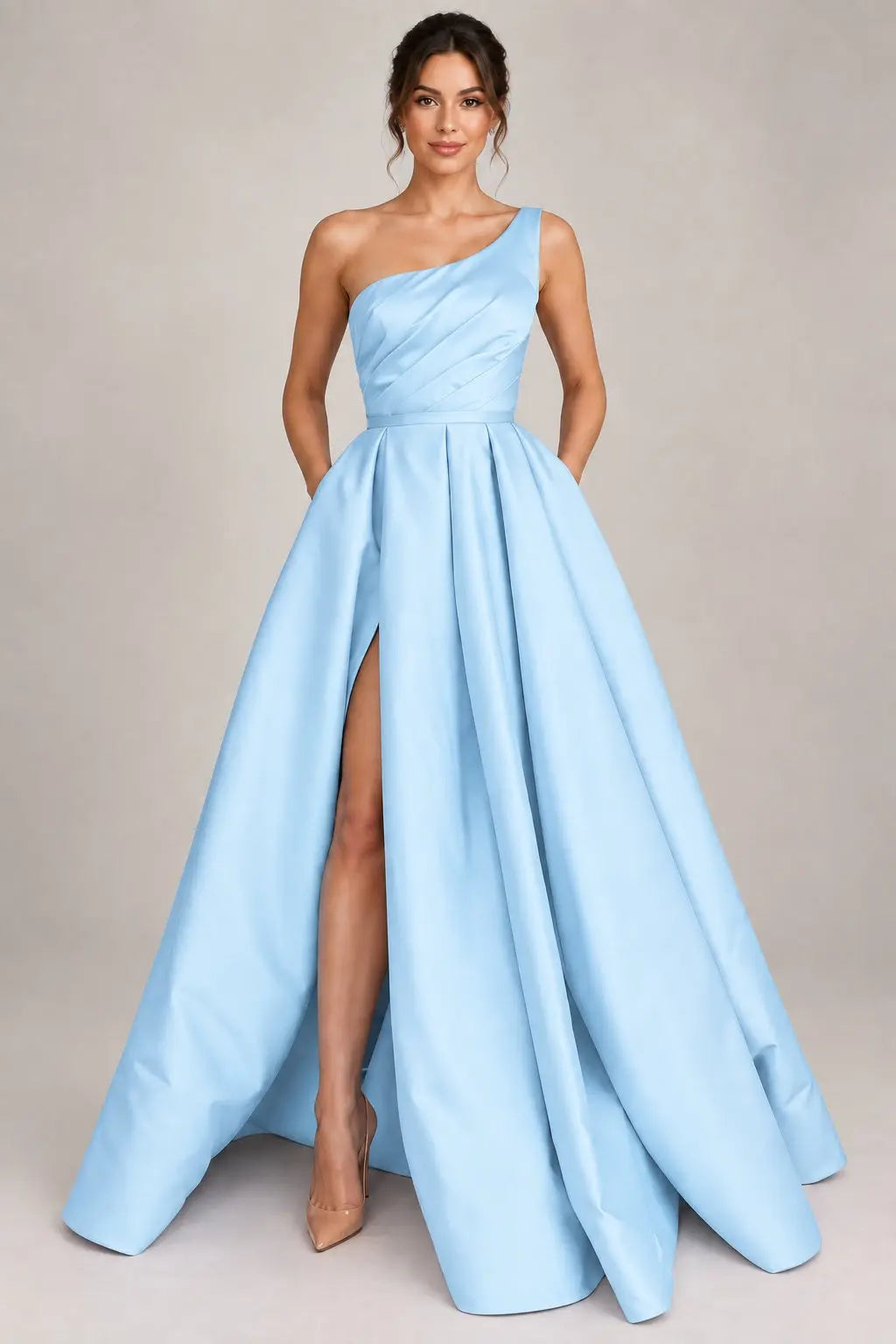 A-line Sleeveless One-Shoulder Long/Floor-Length Satin Prom Dress With Split Ruffles Pockets