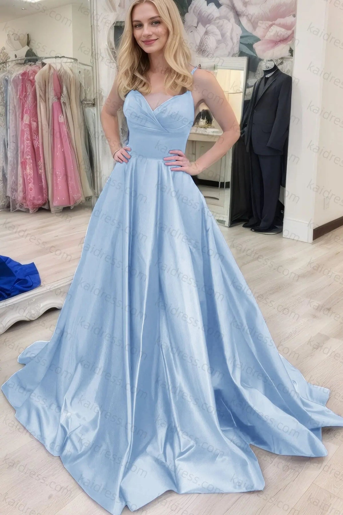 A-line V Neck Sleeveless Court Train Satin Prom Dresses With Bowknot Pleated Waistband