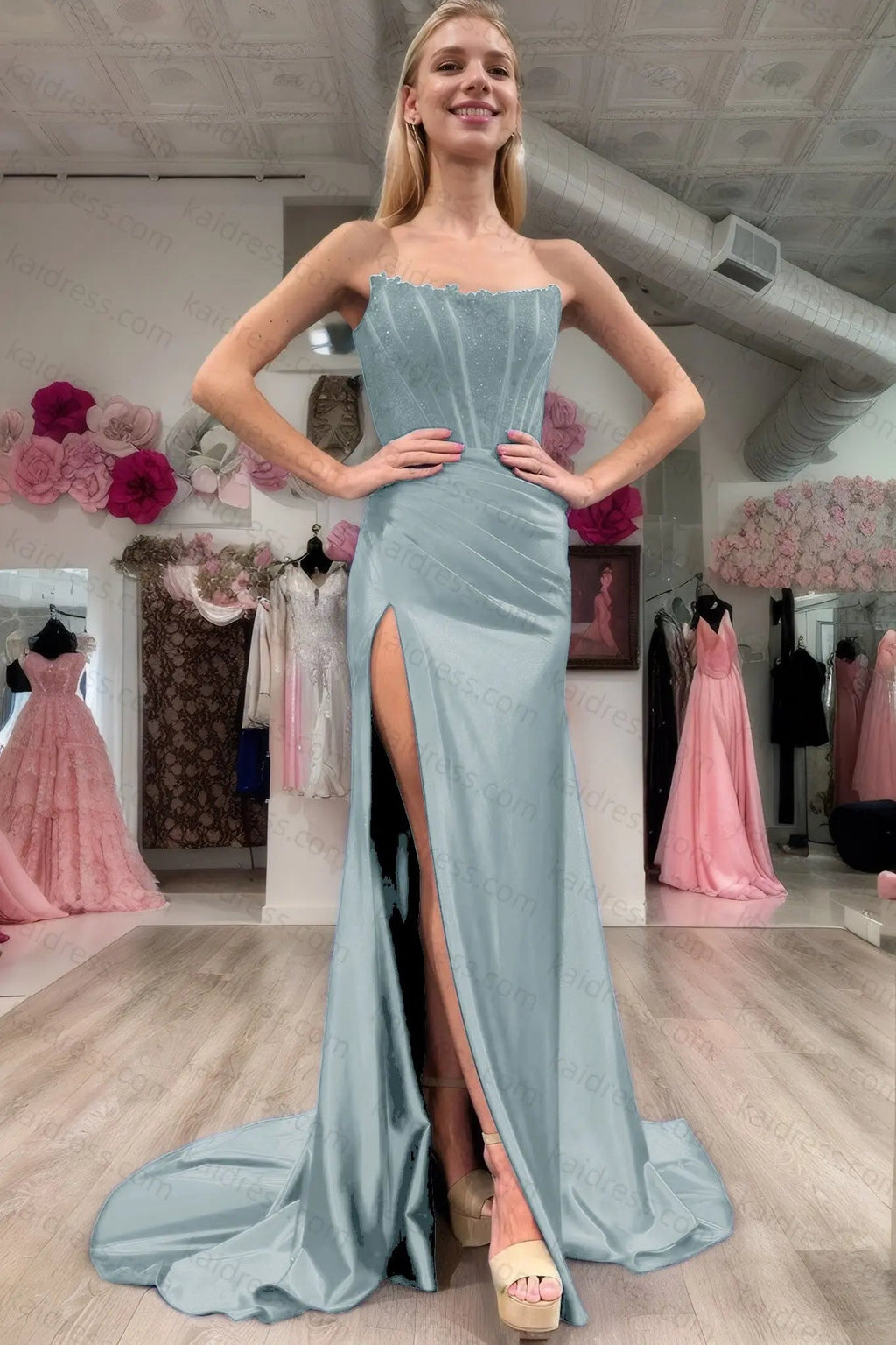 Sheath/Column Elastic Woven Satin Ruched Off-the-Shoulder Sleeveless Sweep/Brush Train Prom Dresses