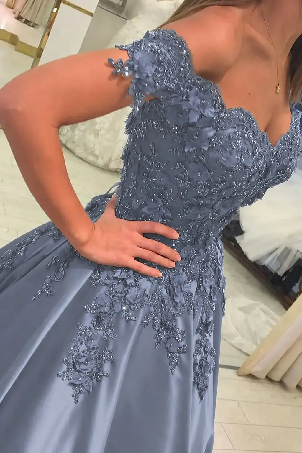 Appliquéd Off-the-Shoulder Satin Princess Prom Dress with Beads