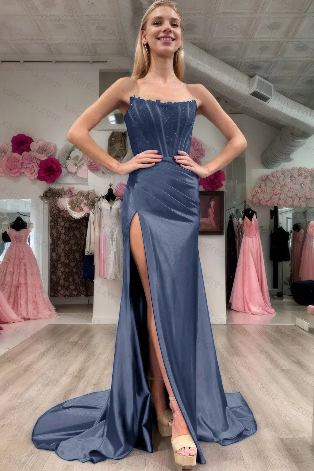 Sheath/Column Elastic Woven Satin Ruched Off-the-Shoulder Sleeveless Sweep/Brush Train Prom Dresses