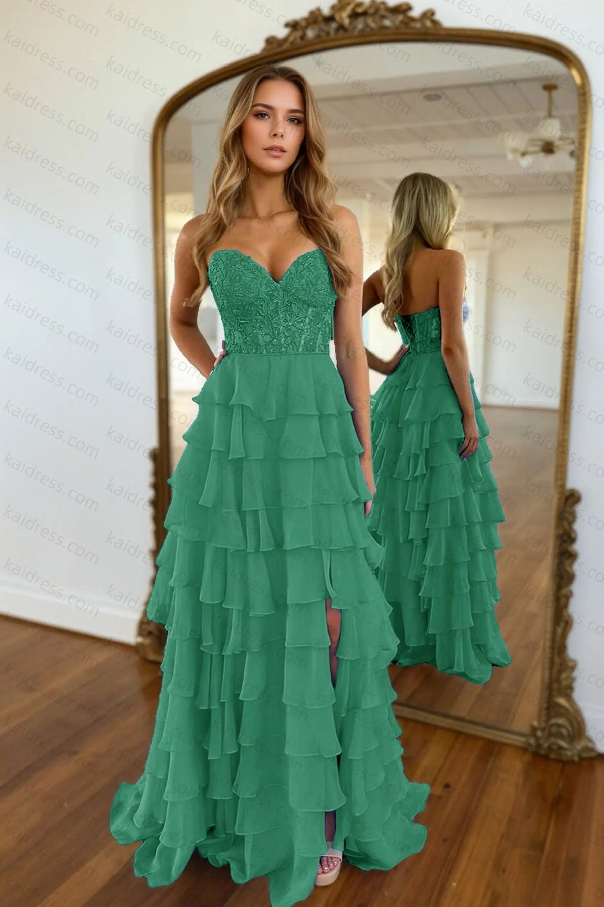 A-line/Princess Chiffon Fuchsia Sweetheart Tiered Ruffles Prom Dress with Slit Applique