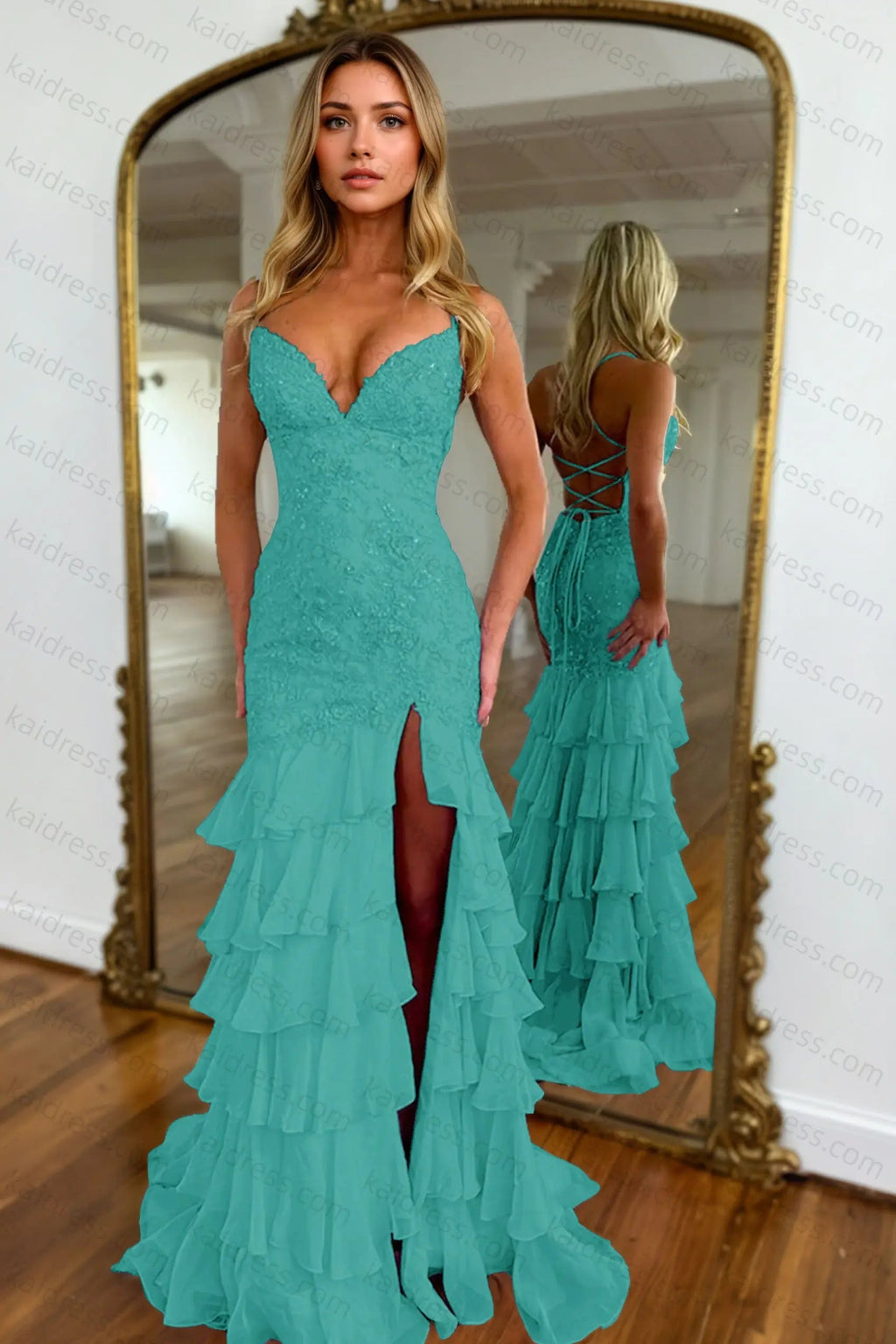 Mermaid Sparkly Lilac Lace Appliques Sheath Tiered Long Chiffon Prom Dress with Slit