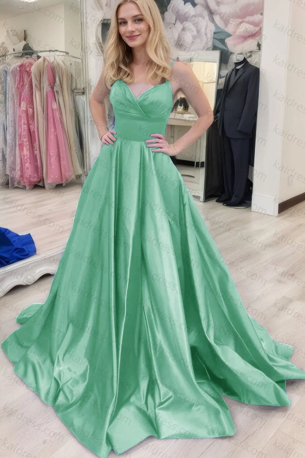 A-line V Neck Sleeveless Court Train Satin Prom Dresses With Bowknot Pleated Waistband