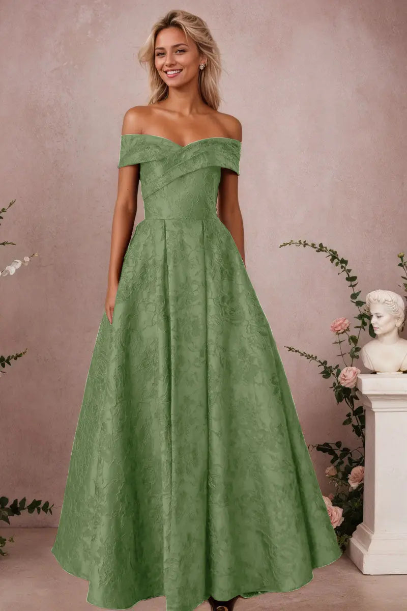A-Line Off Shoulder Satin Burgundy Long Prom Dress Floral Jacquard Formal Ball Gowns