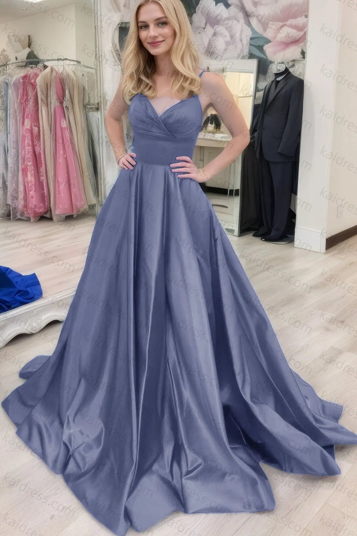 A-line V Neck Sleeveless Court Train Satin Prom Dresses With Bowknot Pleated Waistband