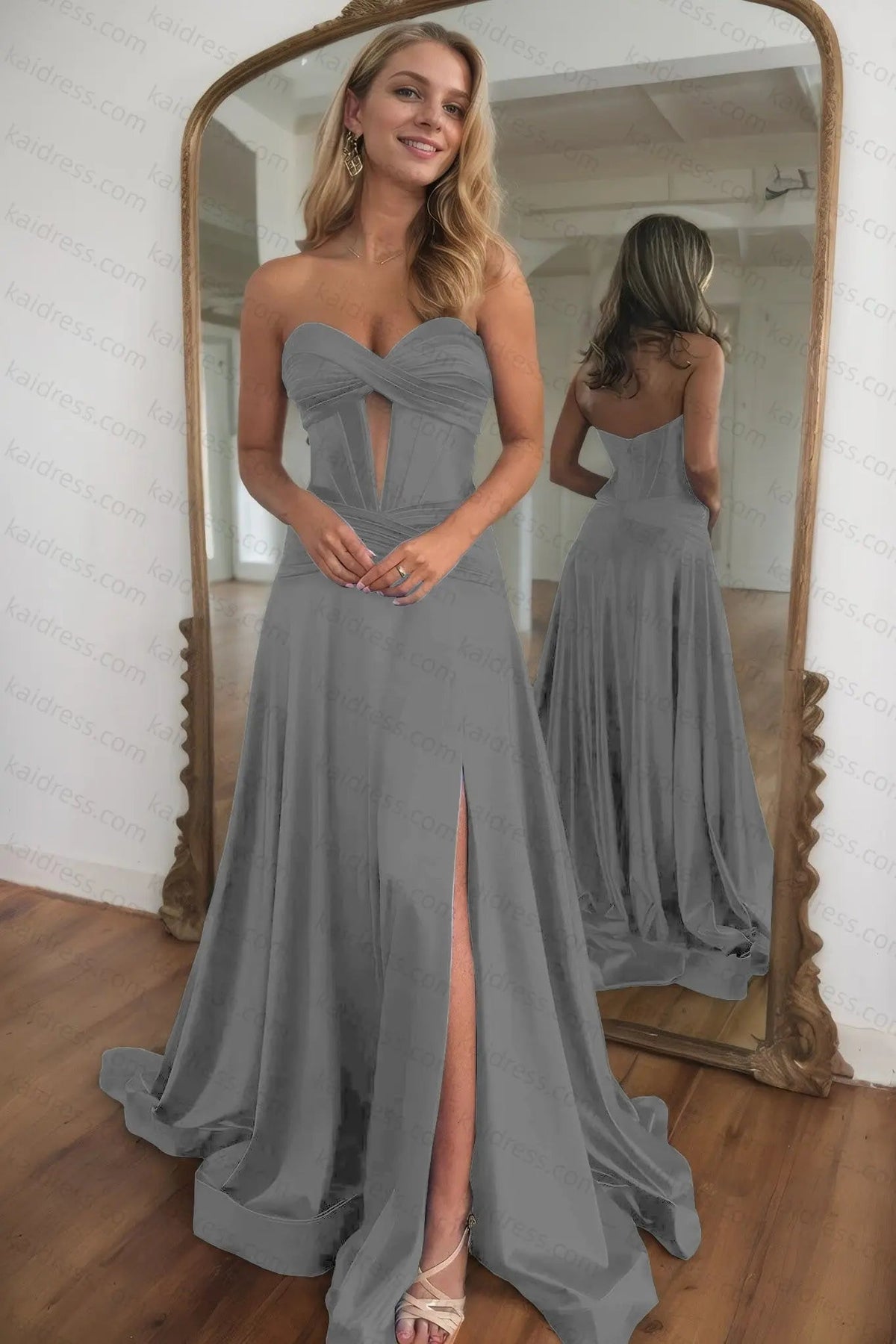 A-line Strapless Silk Long Blue Prom Dresses Elegant Evening Dress