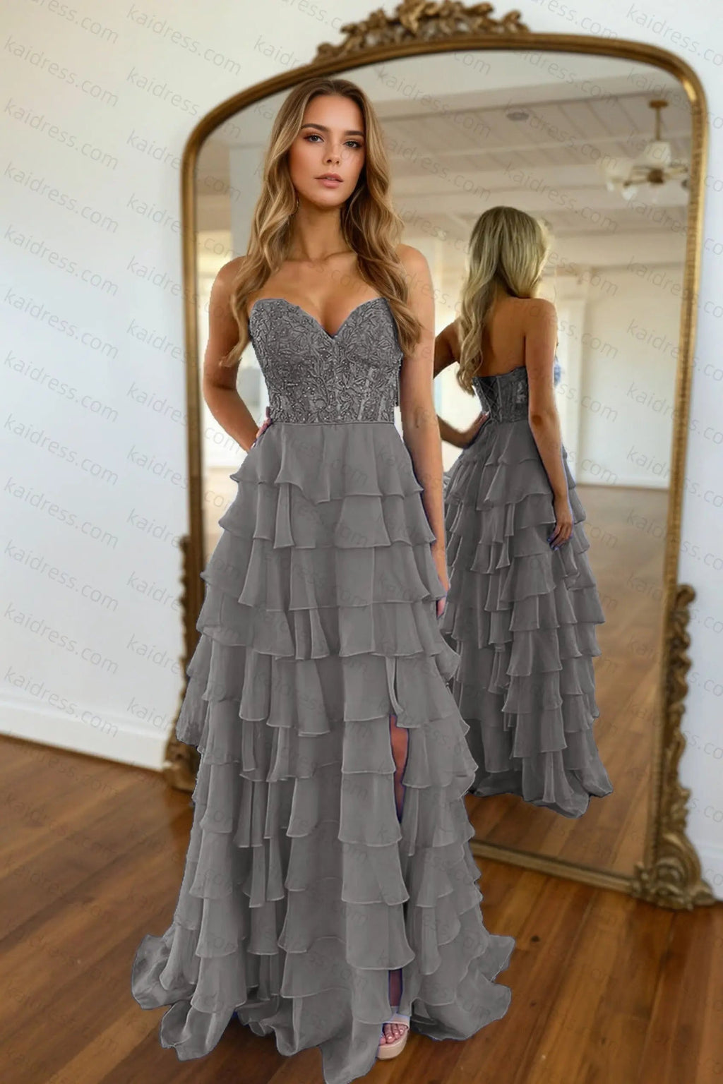 A-line/Princess Chiffon Fuchsia Sweetheart Tiered Ruffles Prom Dress with Slit Applique