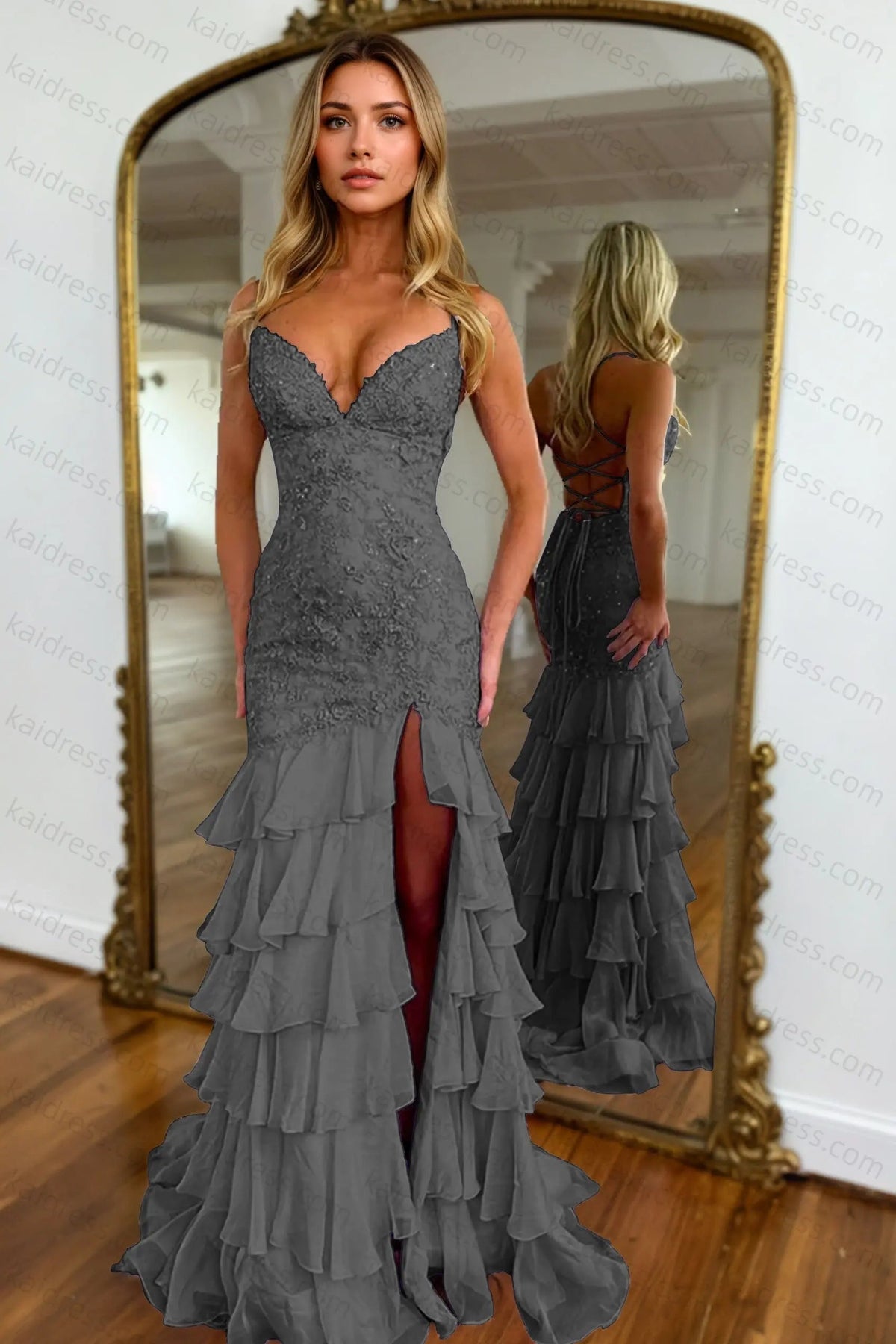 Mermaid Sparkly Lilac Lace Appliques Sheath Tiered Long Chiffon Prom Dress with Slit