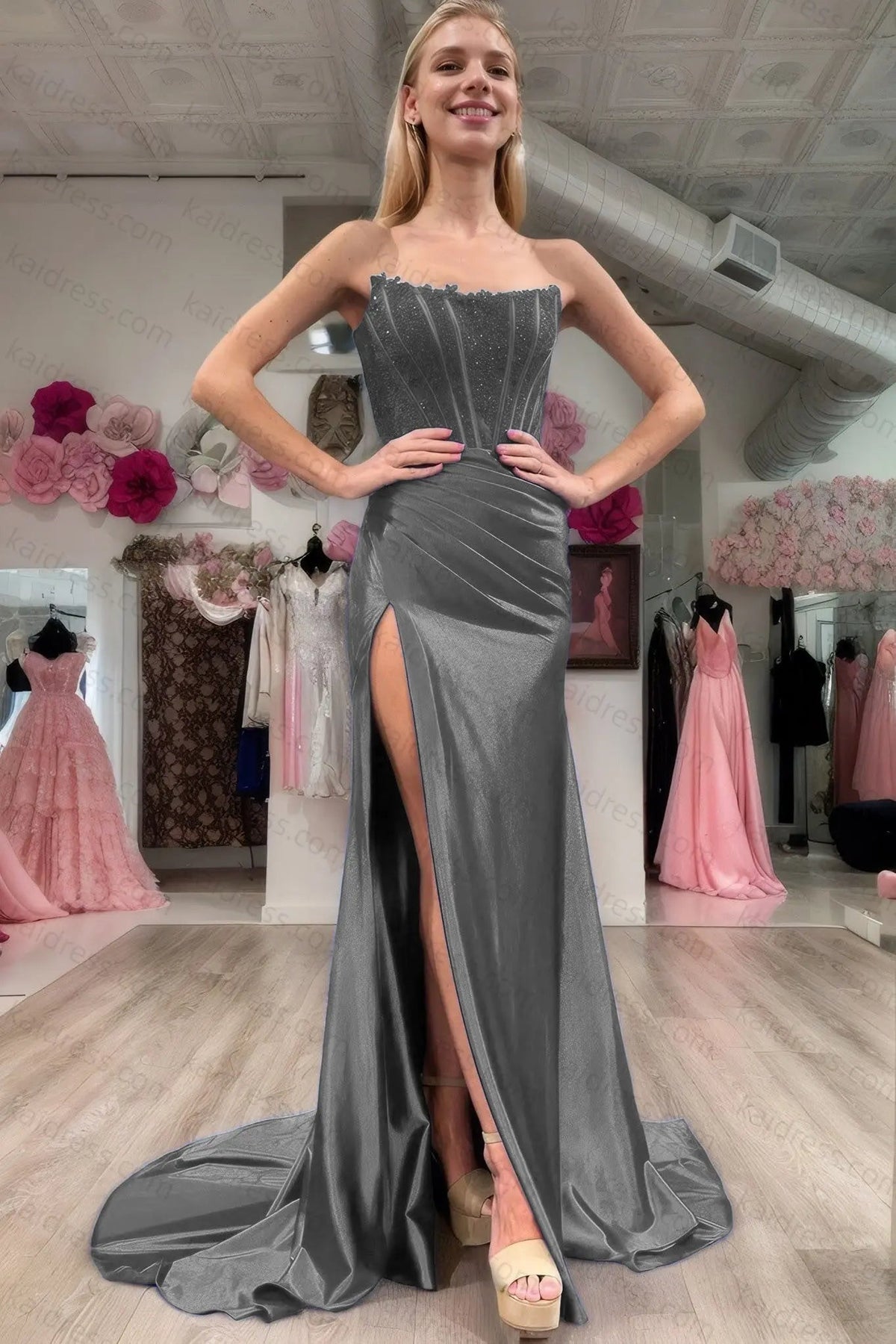 Sheath/Column Elastic Woven Satin Ruched Off-the-Shoulder Sleeveless Sweep/Brush Train Prom Dresses