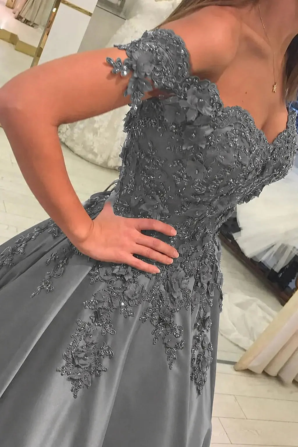 Appliquéd Off-the-Shoulder Satin Princess Prom Dress with Beads