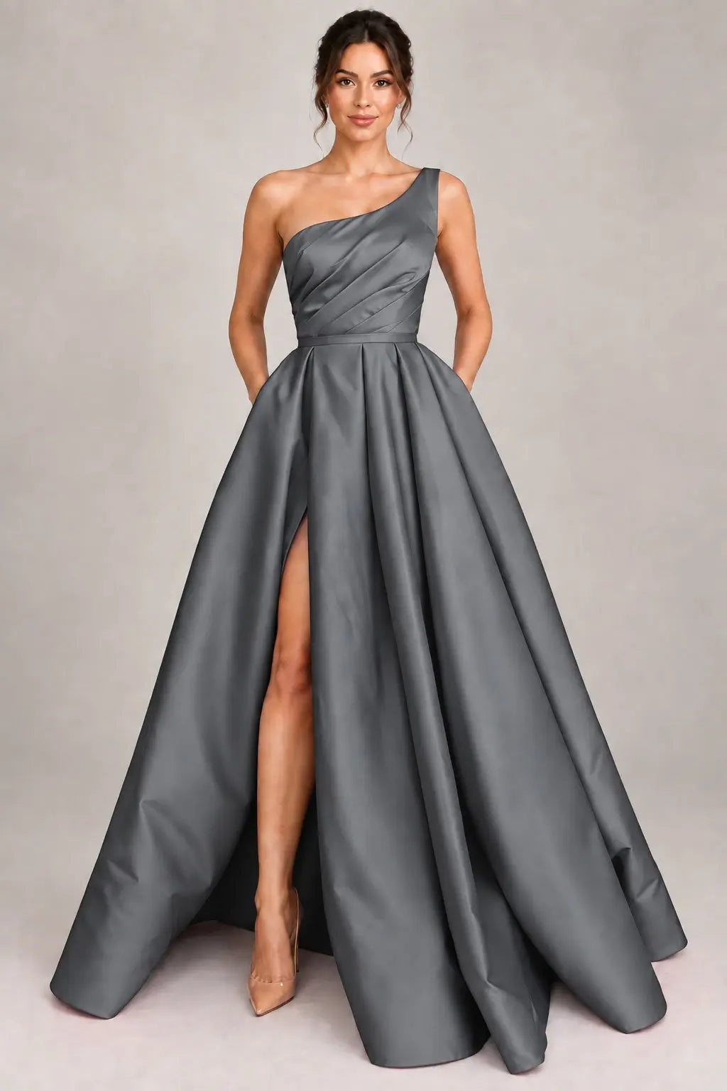 A-line Sleeveless One-Shoulder Long/Floor-Length Satin Prom Dress With Split Ruffles Pockets