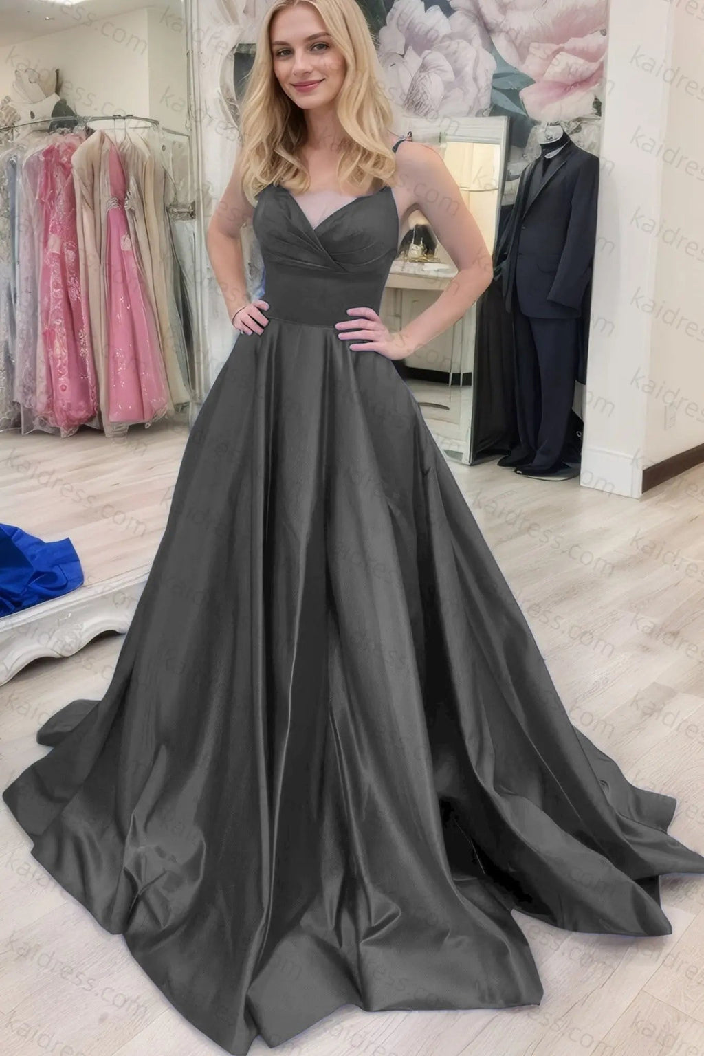 A-line V Neck Sleeveless Court Train Satin Prom Dresses With Bowknot Pleated Waistband
