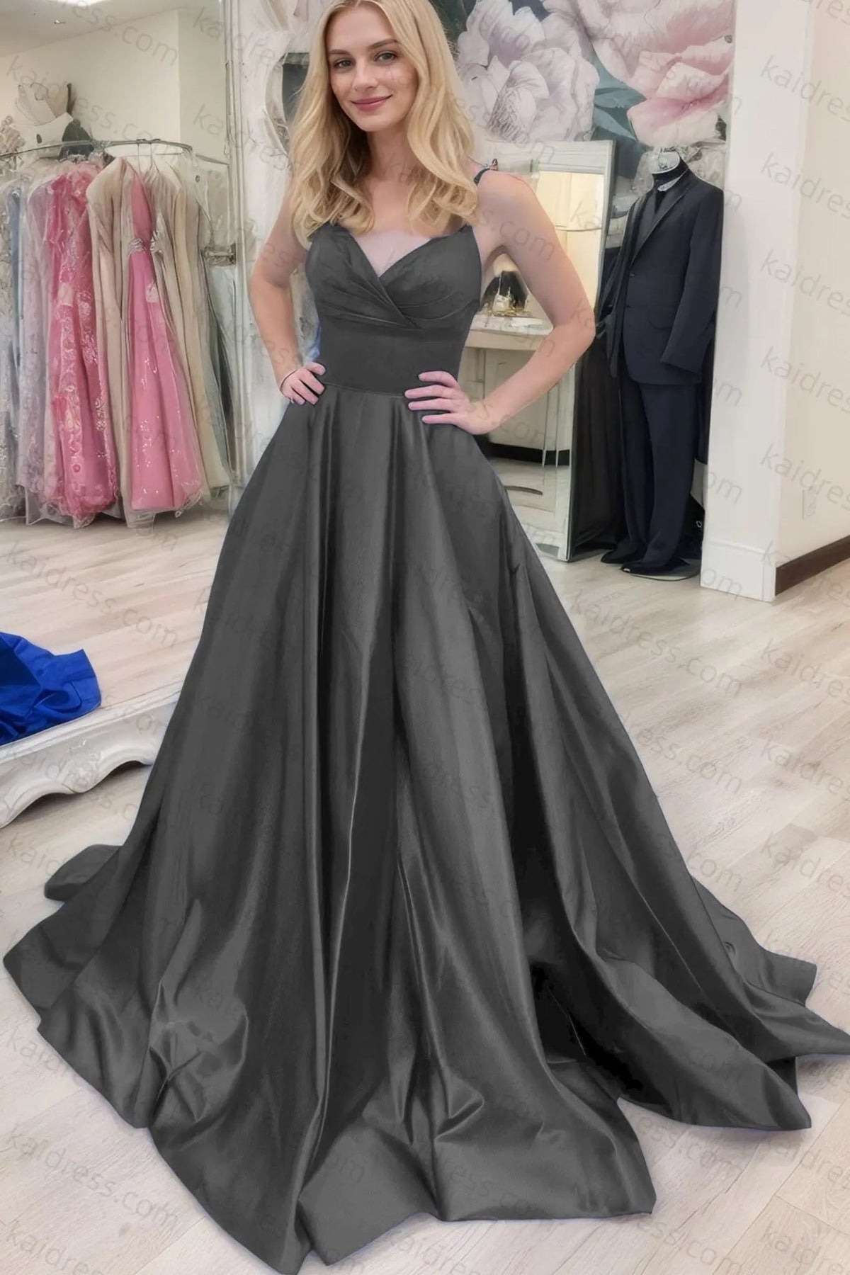 A-line V Neck Sleeveless Court Train Satin Prom Dresses With Bowknot Pleated Waistband