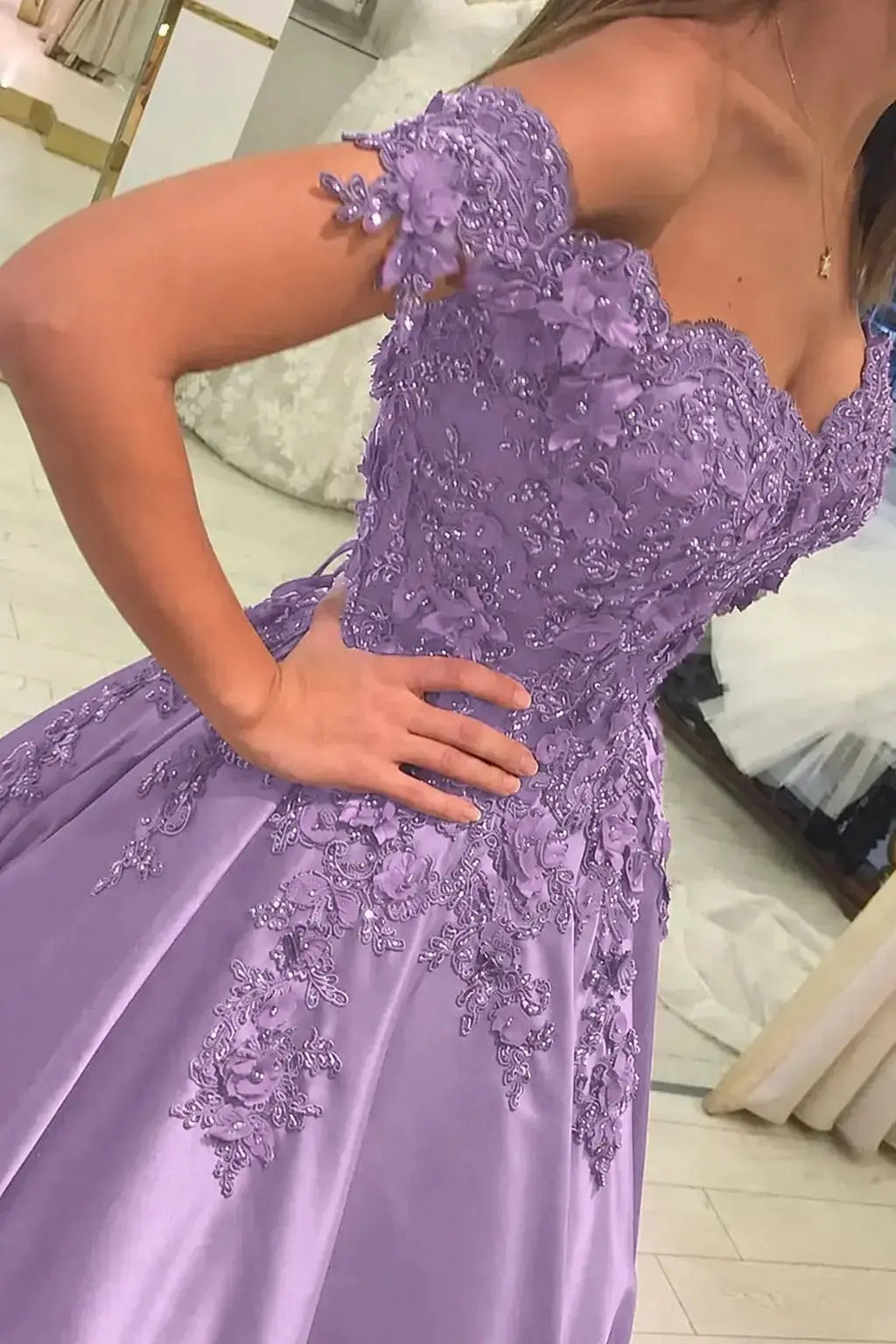 Appliquéd Off-the-Shoulder Satin Princess Prom Dress with Beads
