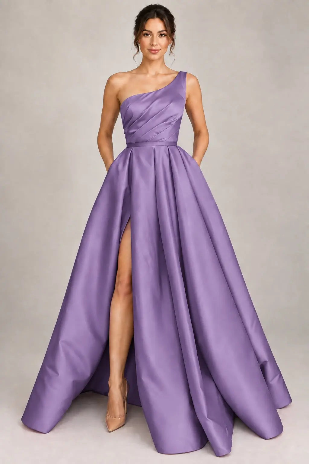 A-line Sleeveless One-Shoulder Long/Floor-Length Satin Prom Dress With Split Ruffles Pockets