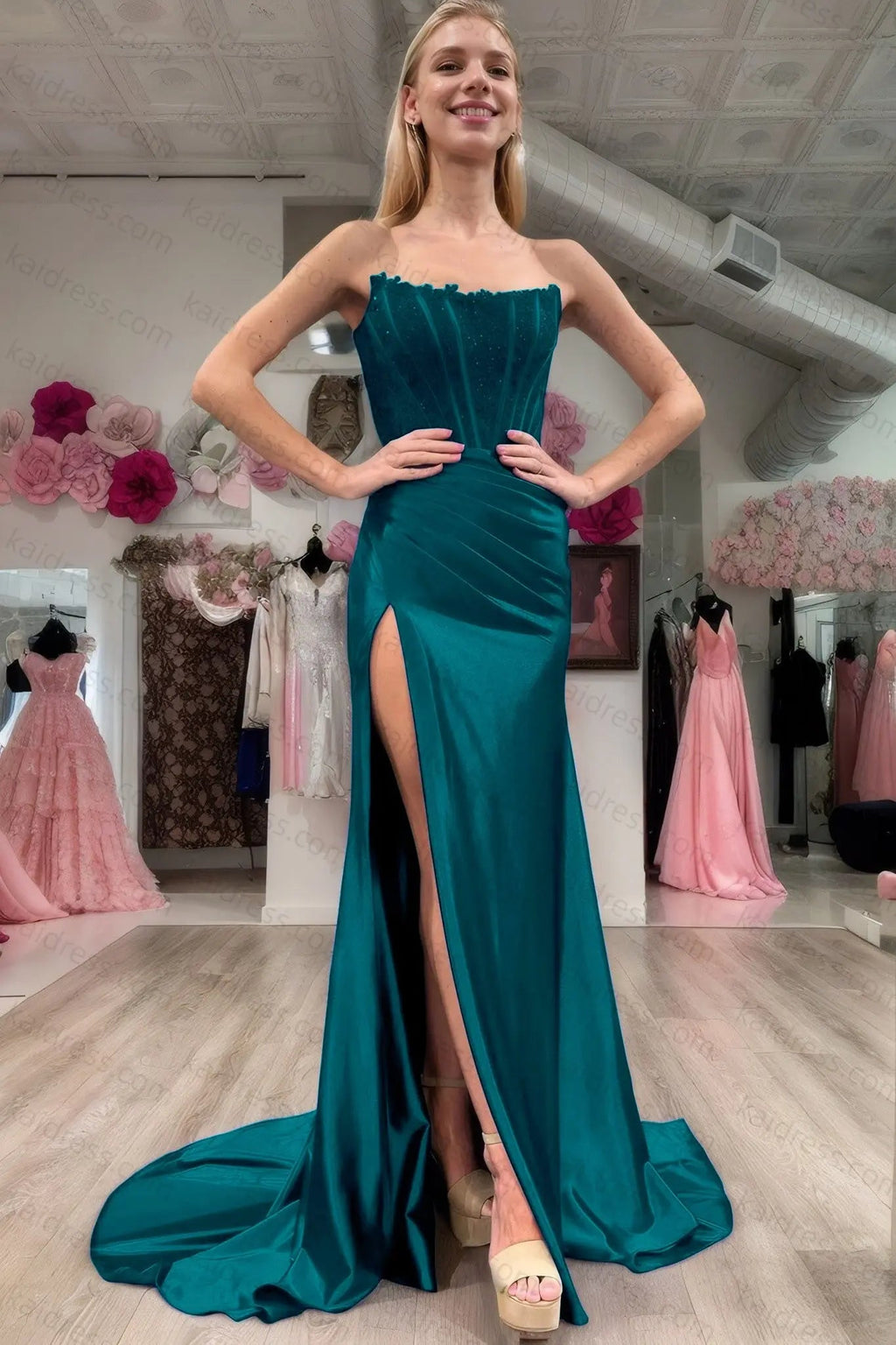 Sheath/Column Elastic Woven Satin Ruched Off-the-Shoulder Sleeveless Sweep/Brush Train Prom Dresses