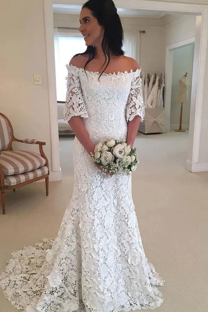 Trumpet/Mermaid Strapless 3/4 Sleeve Sweep Train Lace Wedding Dresses