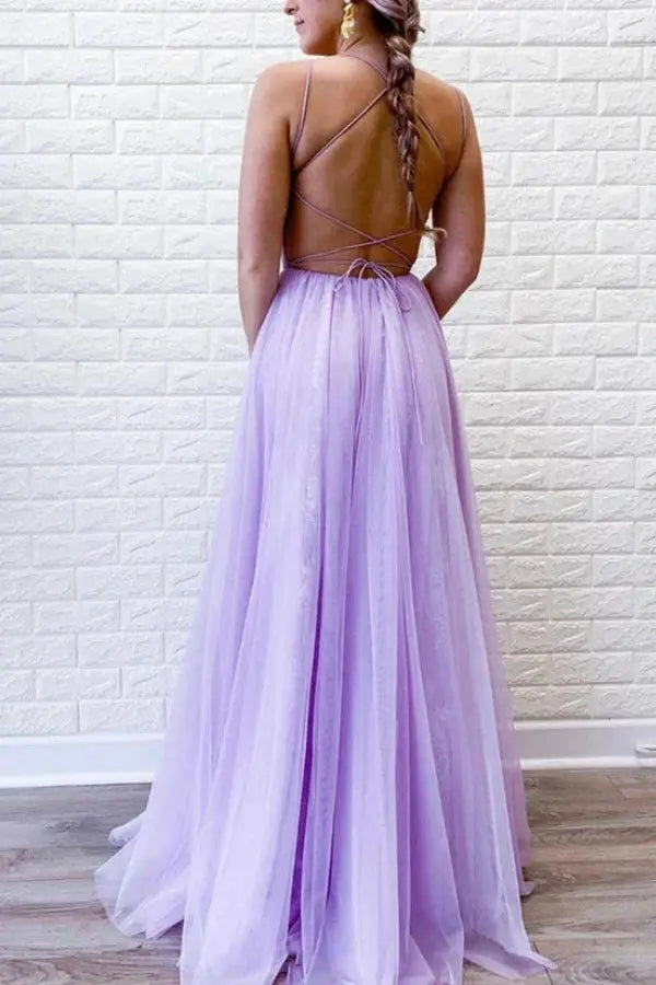 Spaghetti Straps Lavender A-Line Tulle Appliques Long Prom Dresses with Slit