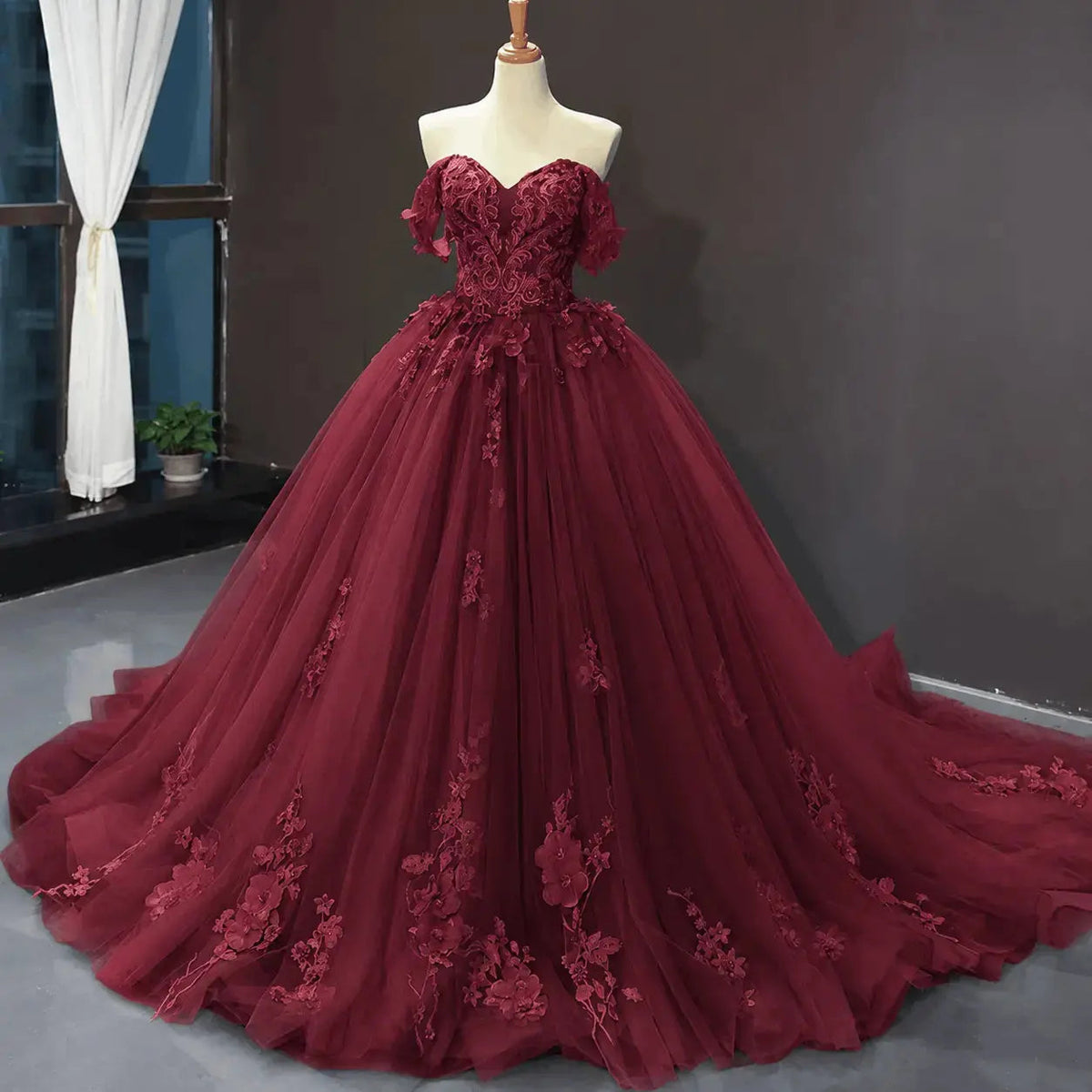 A-Line Blue Tulle Quinceanera Dress Off Shoulder Lace Ball Gown Prom Dress