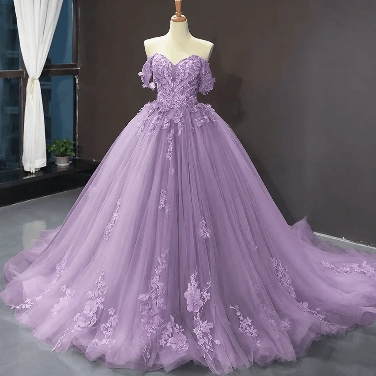 A-Line Blue Tulle Quinceanera Dress Off Shoulder Lace Ball Gown Prom Dress