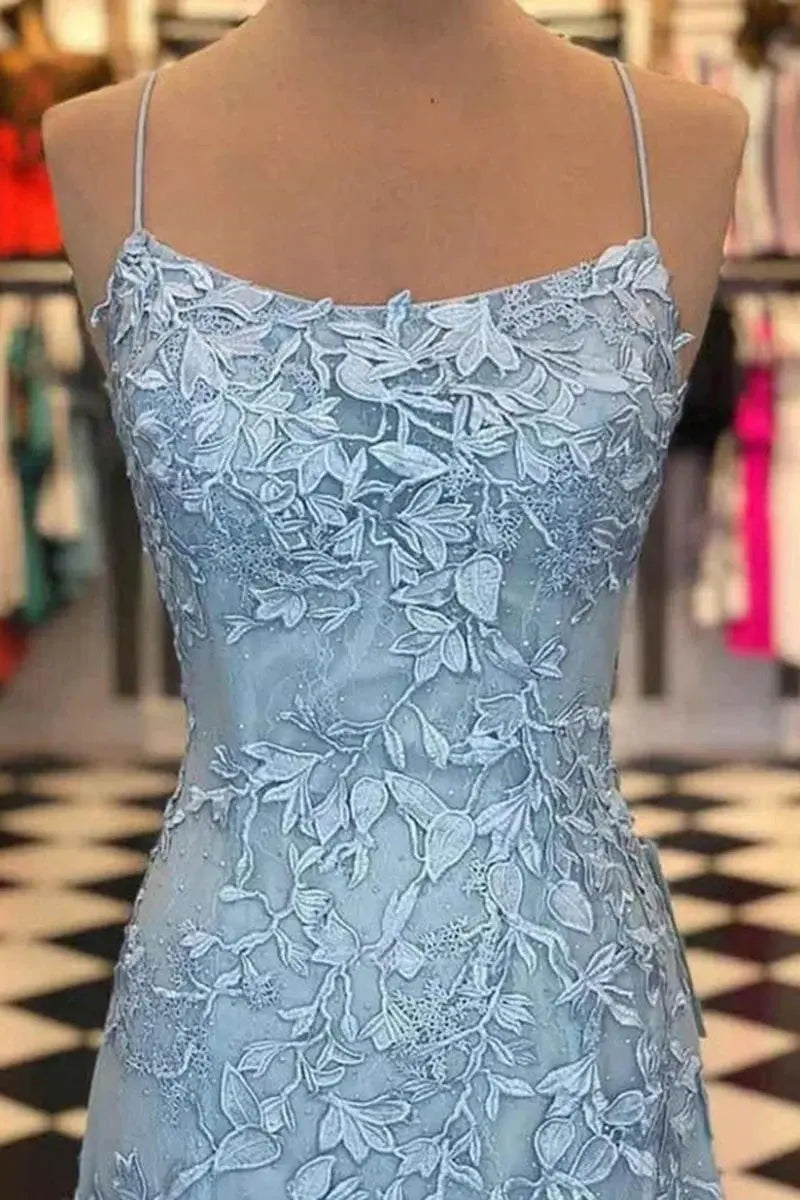 Sheath/Column Tulle Applique Prom Dresses Spaghetti Straps Sleeveless Long Formal Evening Gowns