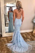 Sheath/Column Tulle Applique Prom Dresses Spaghetti Straps Sleeveless Long Formal Evening Gowns