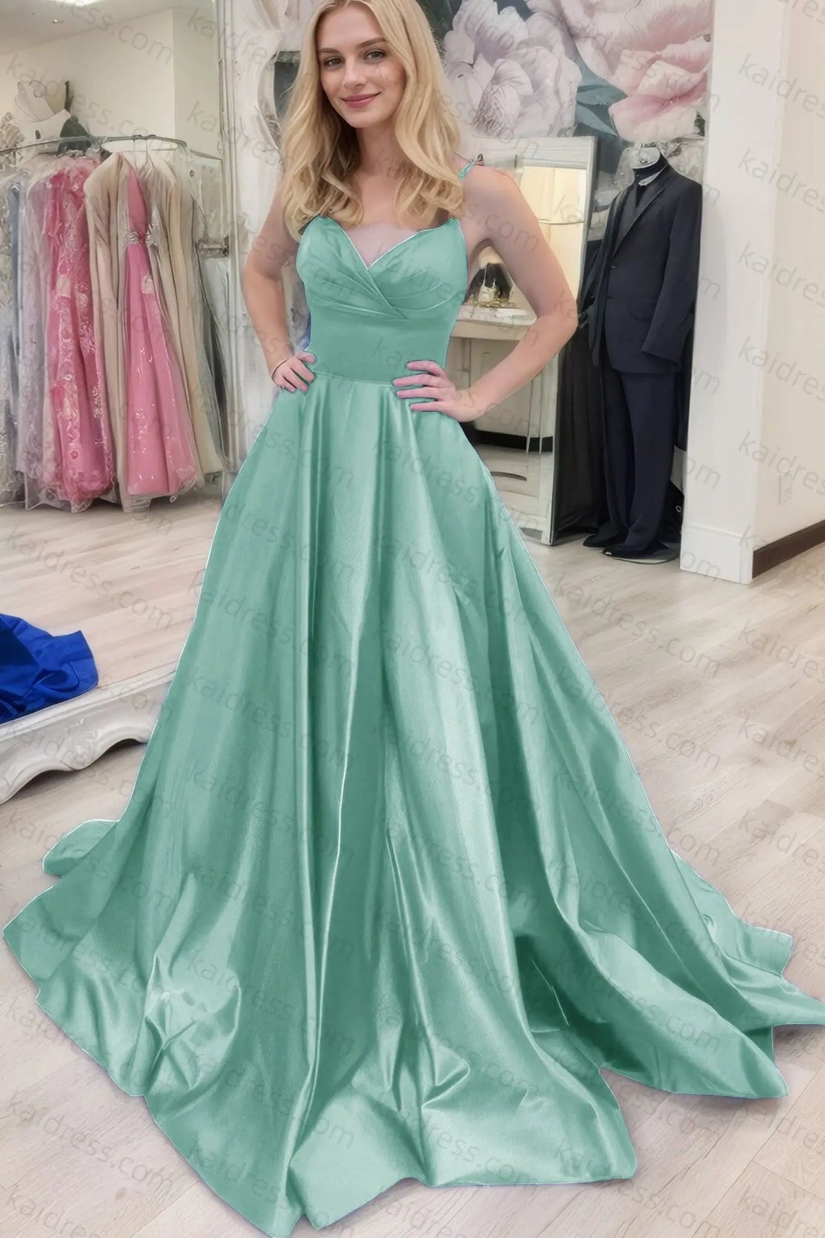 A-line V Neck Sleeveless Court Train Satin Prom Dresses With Bowknot Pleated Waistband
