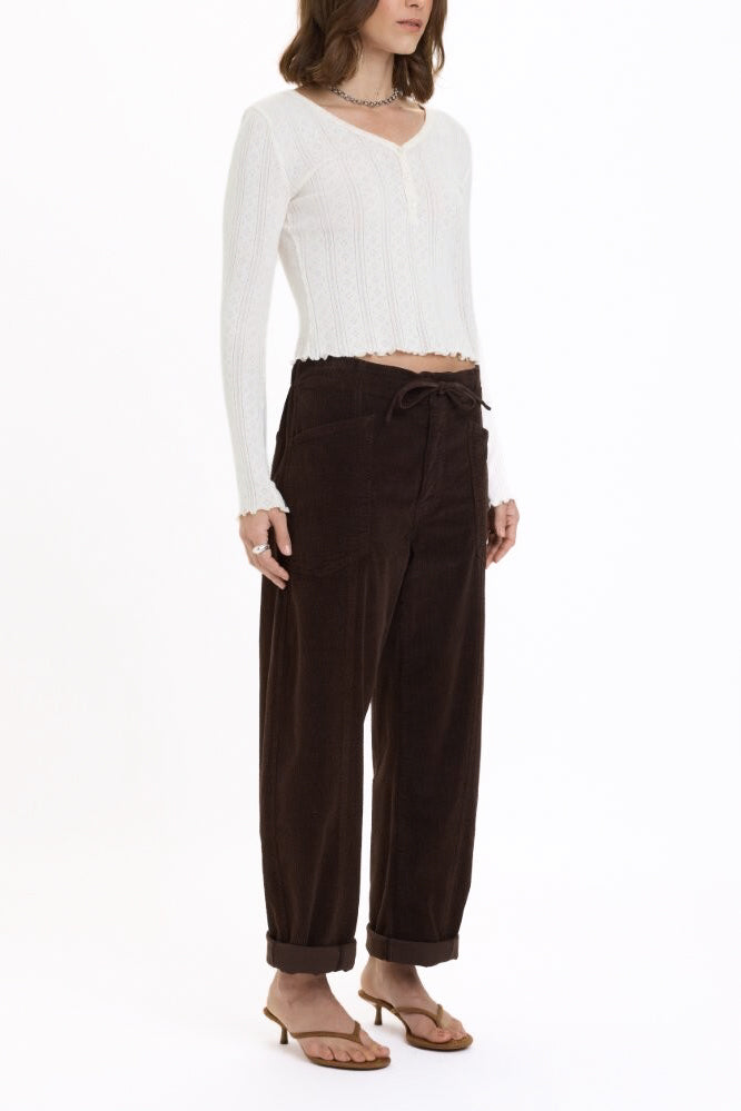Daze Villa Drawstring Barrel Pants - Chocolate Corduroy