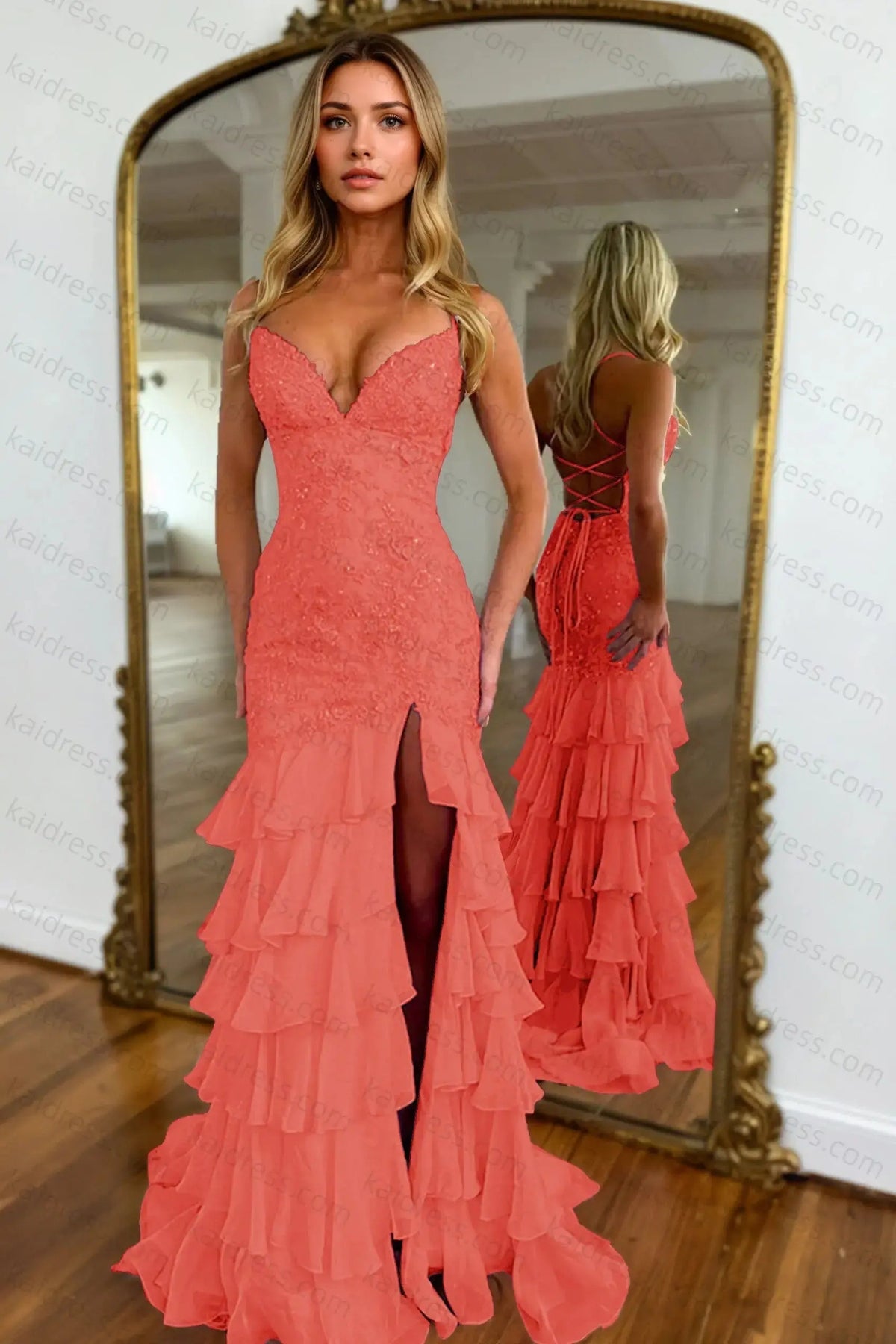 Mermaid Sparkly Lilac Lace Appliques Sheath Tiered Long Chiffon Prom Dress with Slit