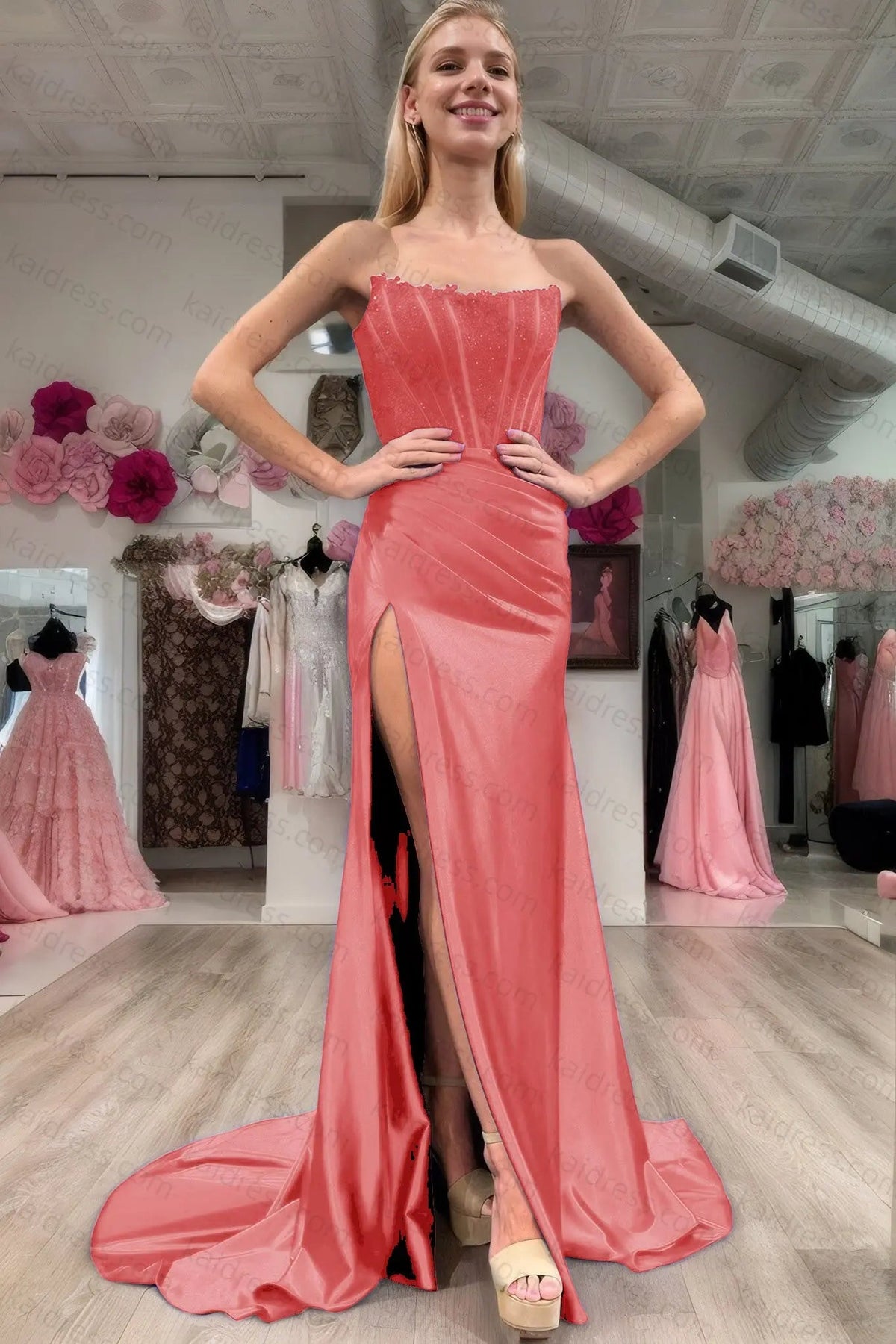 Sheath/Column Elastic Woven Satin Ruched Off-the-Shoulder Sleeveless Sweep/Brush Train Prom Dresses