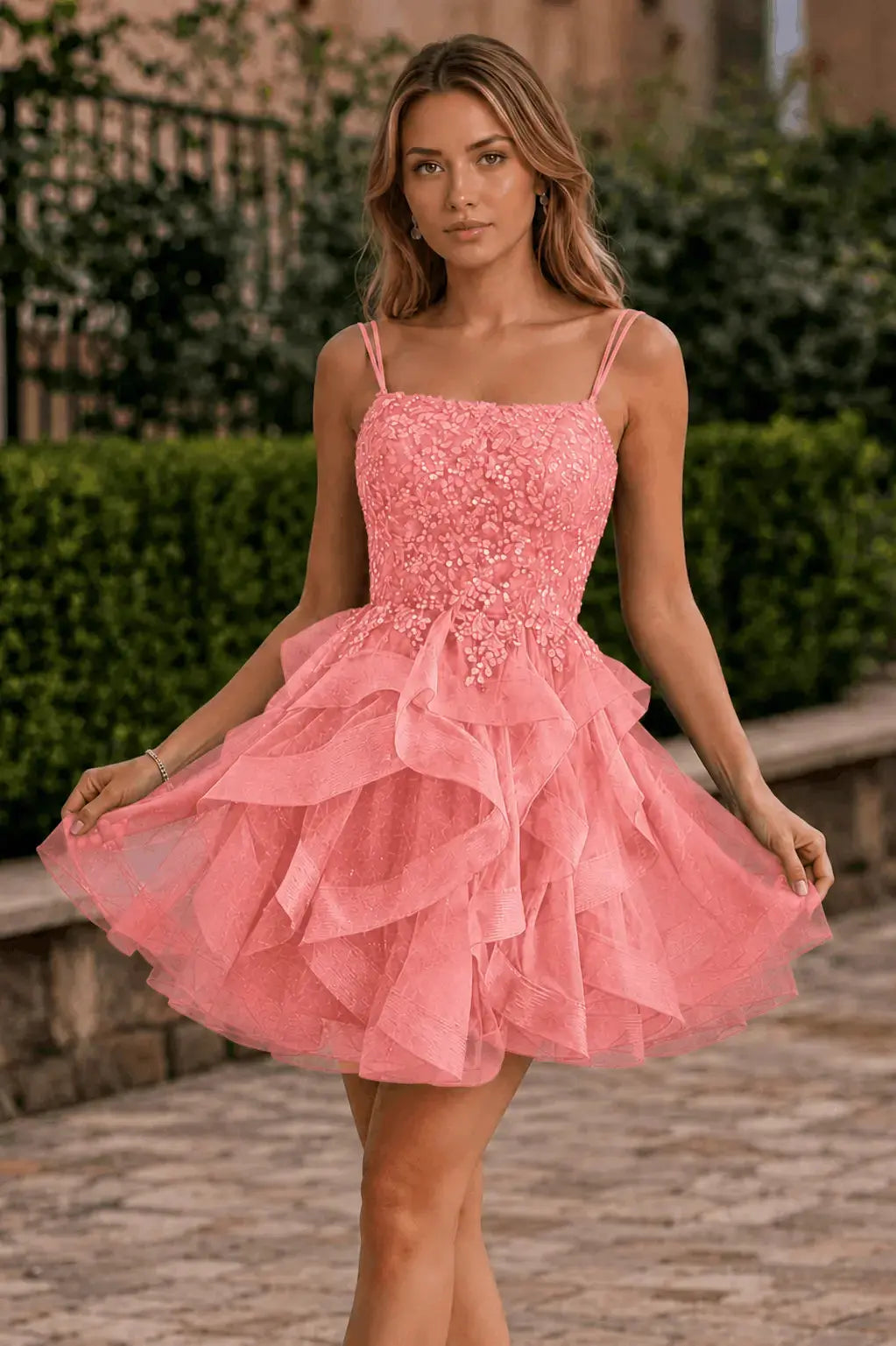 Tulle Ball Gown Homecoming Dress Square Neck Beaded Hoco Mini