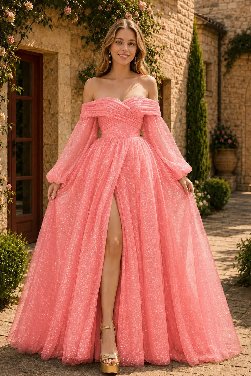 A-Line/Princess Tulle Ruched Long  Off-the-Shoulder Long Sleeves Prom Dresses Detachable Sleeves