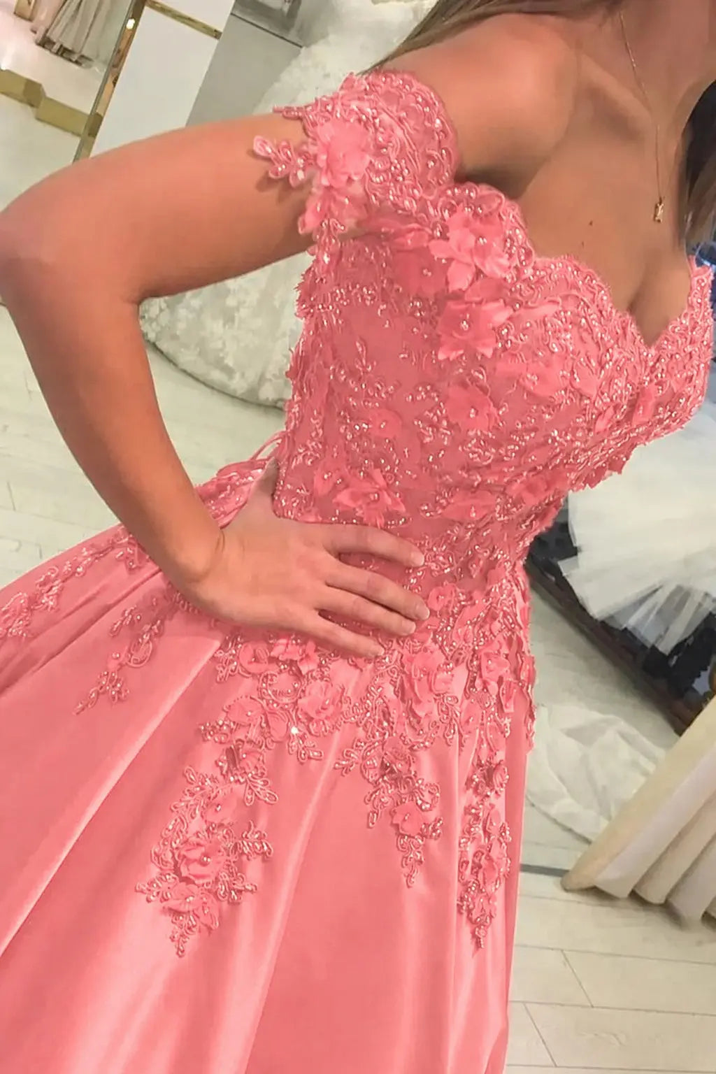 Appliquéd Off-the-Shoulder Satin Princess Prom Dress with Beads
