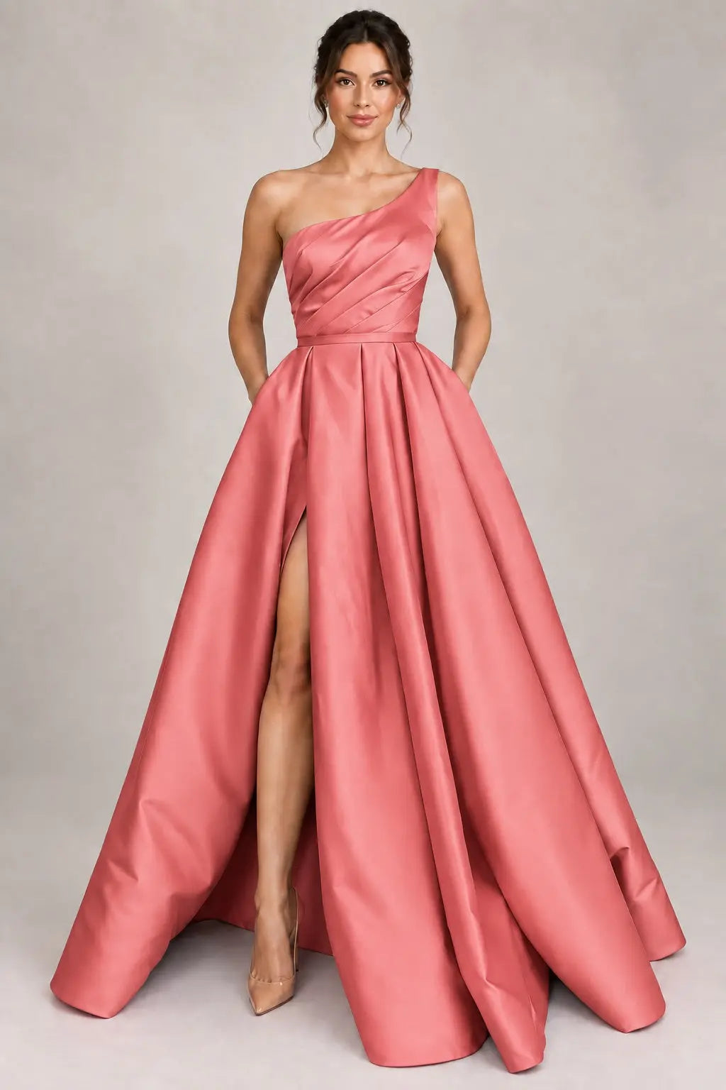 A-line Sleeveless One-Shoulder Long/Floor-Length Satin Prom Dress With Split Ruffles Pockets