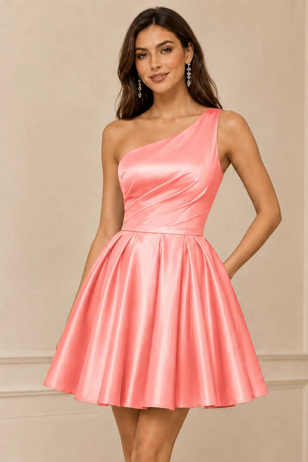 Green One Shoulder Satin Mini A Line Homecoming Dress With Pockets