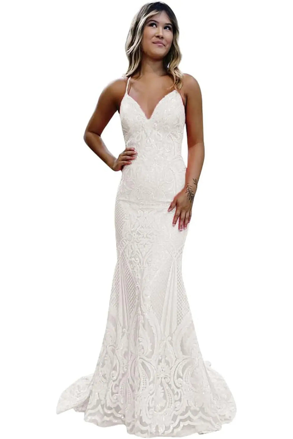 Trumpet/Mermaid V Neck Sleeveless Sweep Train Allover Sparkly Sequined Lace Prom Dress