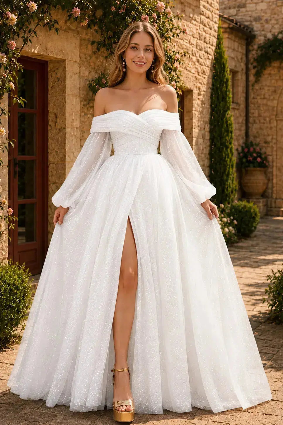 A-Line/Princess Tulle Ruched Long  Off-the-Shoulder Long Sleeves Prom Dresses Detachable Sleeves