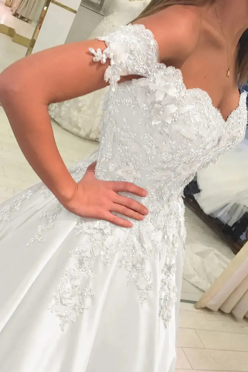 Appliquéd Off-the-Shoulder Satin Princess Prom Dress with Beads